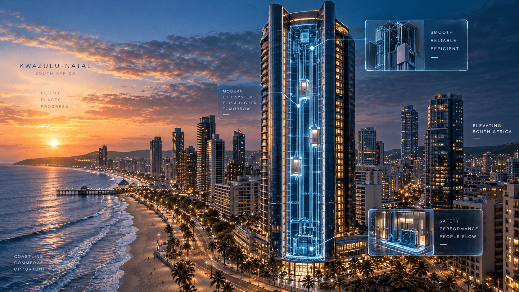 Concept illustration of a coastal skyline at sunset with an illuminated elevator system inside a high-rise tower.