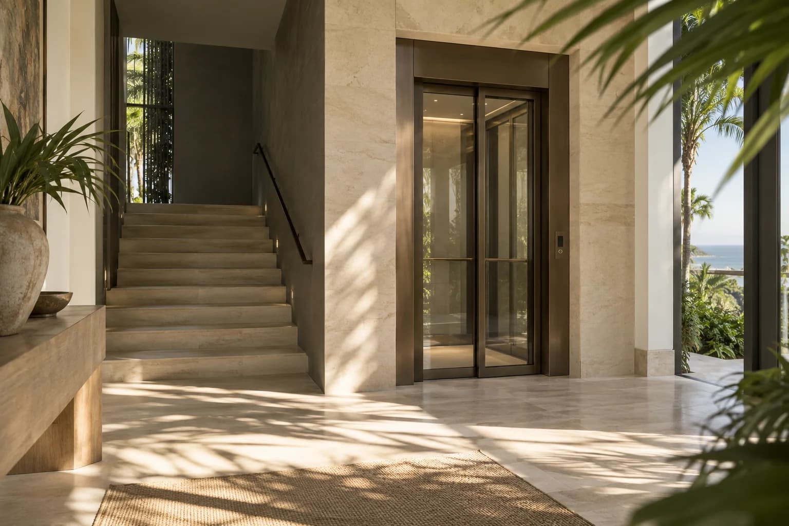 Architectural visualisation of a home lift within a light, contemporary interior.